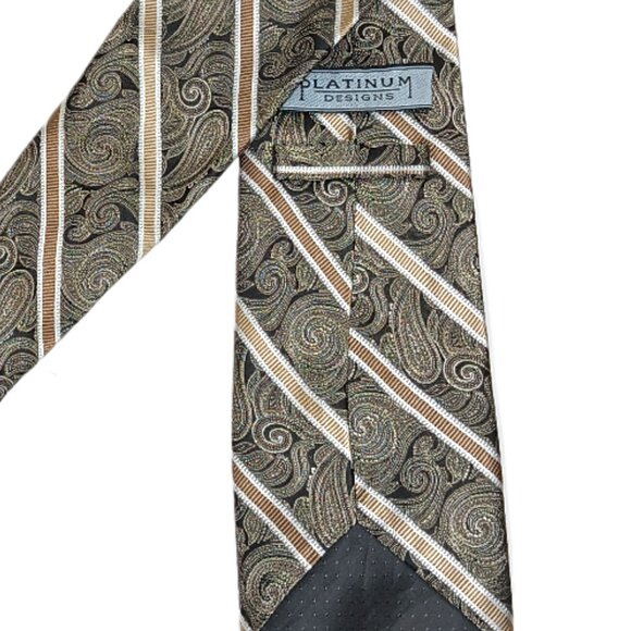 Platinum Designs Silk Tie Men’s X-Long 67.5” Black Gold Paisley Stripe Wide New - Picture 4 of 4